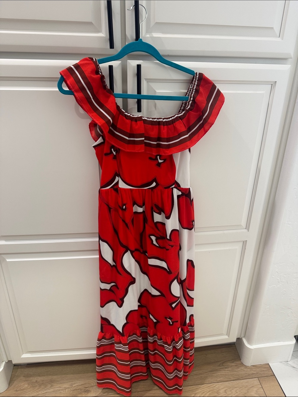 Nine West Red and White Floral Off-Shoulder Maxi Dress